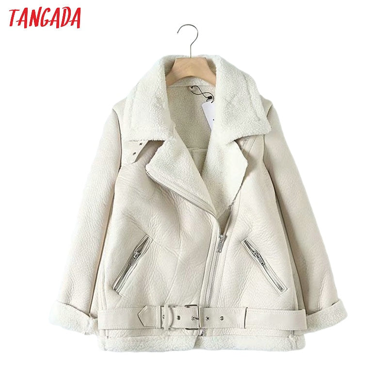 Tangada, chaqueta de piel sintética de piel beige para mujer, abrigo con cinturón y cuello vuelto para mujer, abrigo grueso cálido de invierno 2021 de gran tamaño 5B01