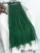 Qooth Women Beaded Petal Mid-length Ruffles Mesh Pleated Skirts Elegant High-waisted Fairy A-line Long Tulle Skirts QT1682