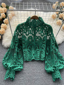 Sexy Spitze Aushöhlen Kurze Bluse Casual Laterne Langarm Stehkragen Shirts Damen Elegant Rot/Rosa/Weiß Lose Tops 2020