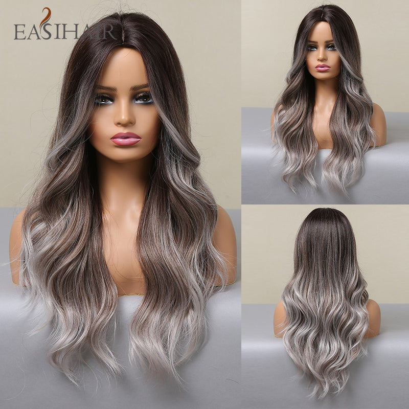 EASIHAIR largo rubio claro Ombre pelucas de estilo ondulado Natural pelucas sintéticas resistentes al calor pelucas de Cosplay de pelo de parte media para mujeres