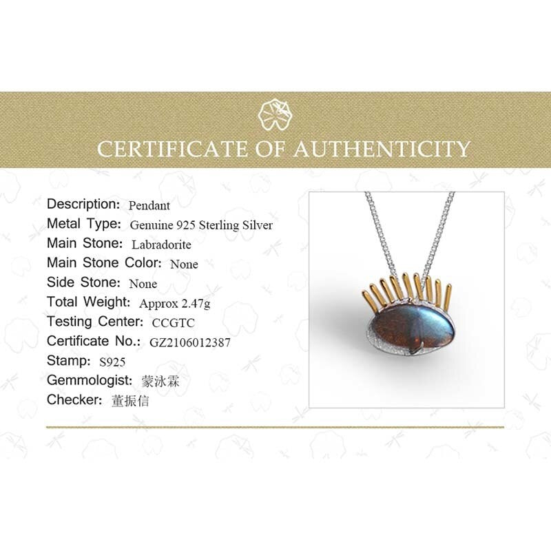 Lotus Fun Real 925 Sterling Silver Natural Labradorite Fine Jewelry Interesting Gold Eyelashes Pendant without Chain for Women