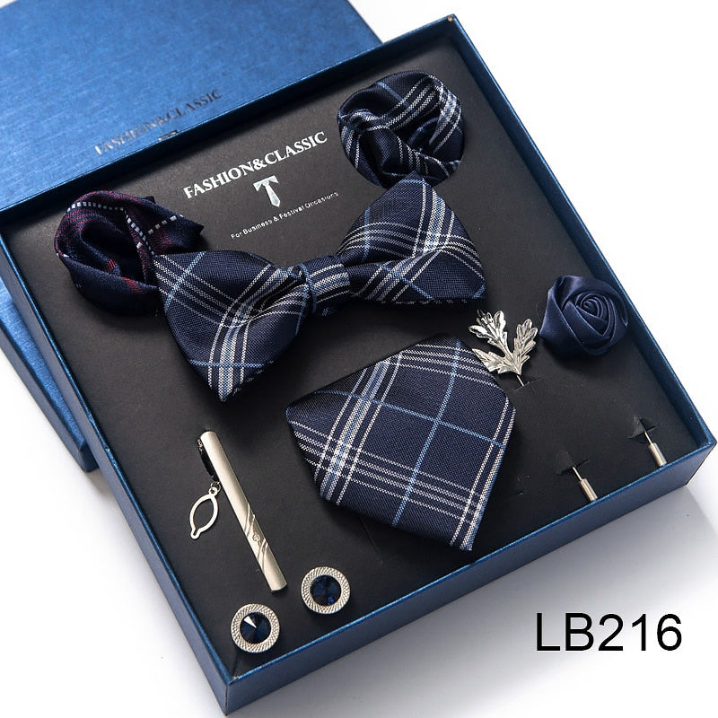 Envío Gratis, conjunto de corbata para hombre, caja de regalo de lujo, conjunto de corbata de seda, 8 Uds., embalaje interior, regalo festivo, pañuelos de bolsillo