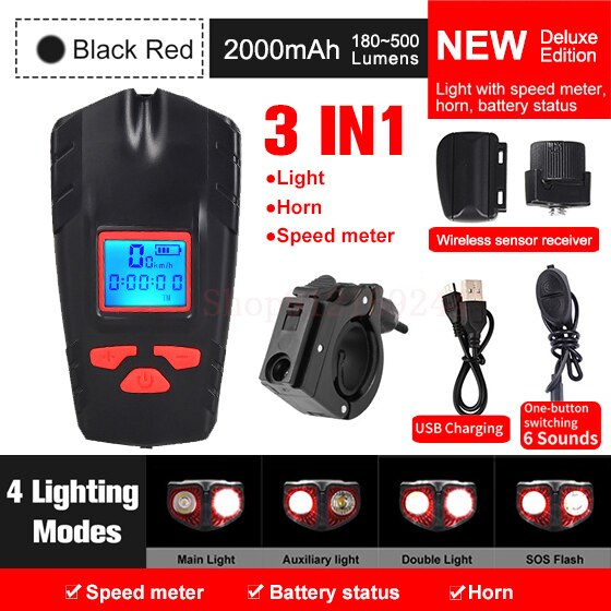 Fahrradlicht USB wiederaufladbare Fahrrad Kilometerzähler Frontlicht Taschenlampe mit Computer LCD Tachometer Radfahren Kopf Laterne Hupe