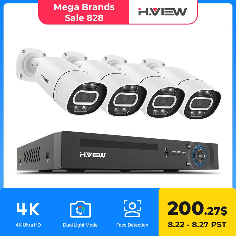 H.View 8Ch 5Mp 8Mp 4K Cctv Security Cameras Systems Home Video Surveillance Kit Ai Audio Outdoor Ip Camera Poe xmeye app Nvr