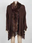 Fitshinling Pelzkragen Winterschals und Wraps Bohemian Fransen übergroße Damen Winter Ponchos und Capes Fledermausärmel Strickjacke