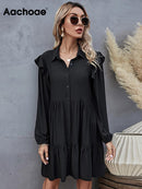 Aachoae verano otoño mujer vestido negro volantes manga larga elegante camisa vestido suelto Casual plisado Mini vestido vestido de verano bata