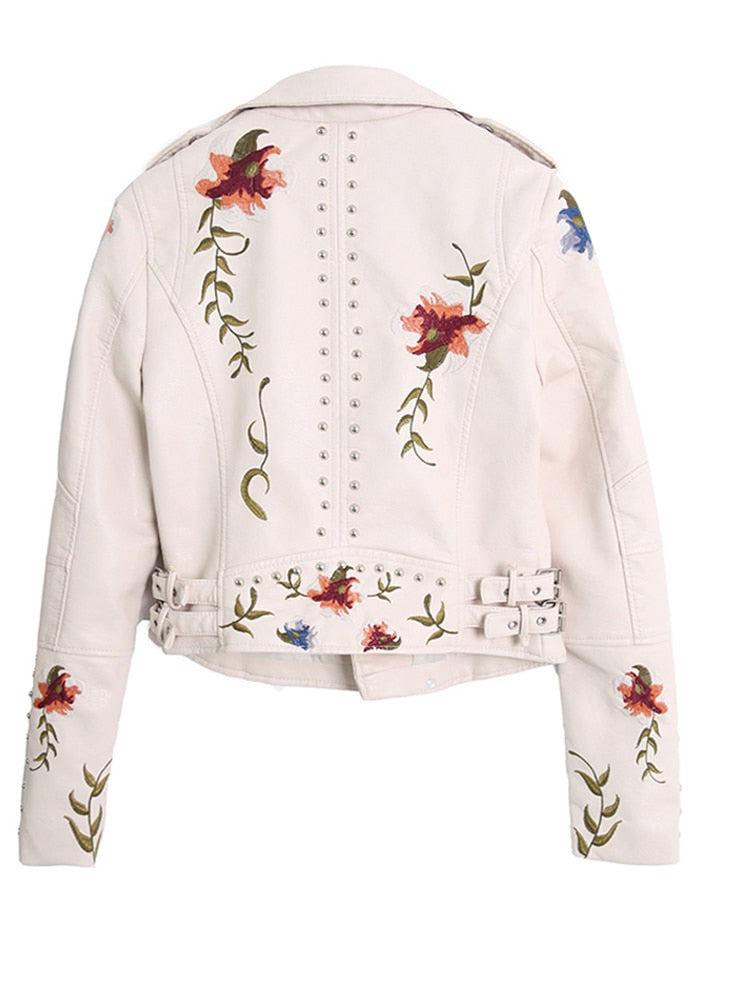 Ftlzz, chaqueta de cuero suave de imitación bordada con estampado Floral para mujer, abrigo con cuello vuelto, ropa de abrigo informal de Pu para motocicleta, prendas de vestir exteriores Punk negras