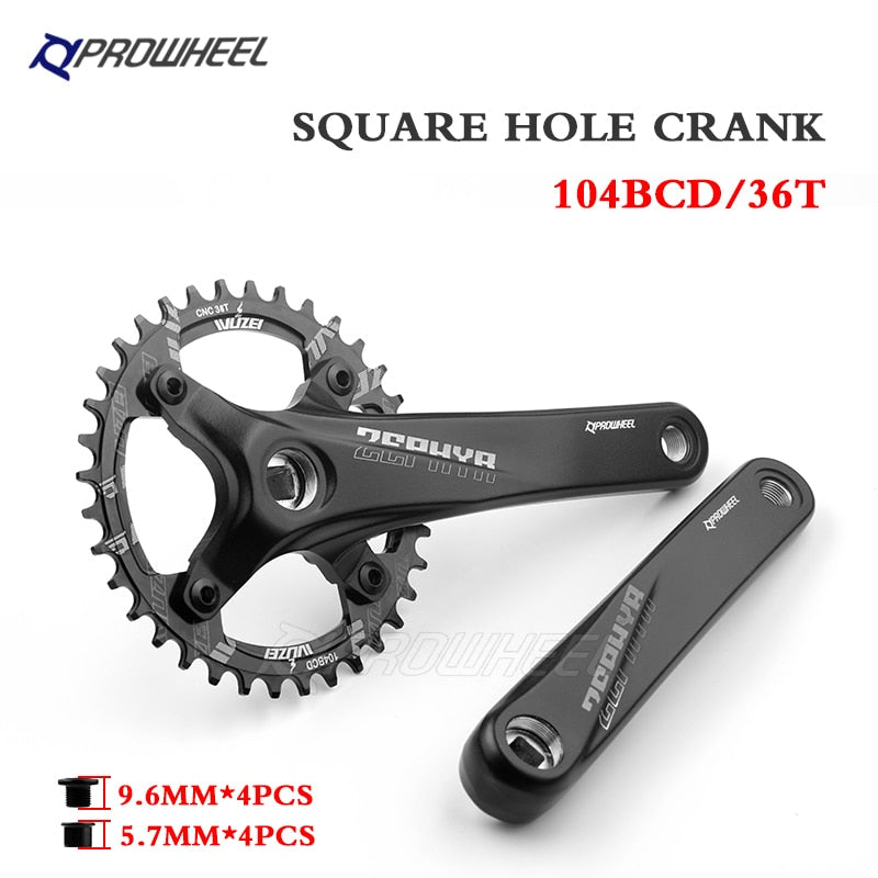 PROWHEEL Bicycle Square Hole Sprocket 104BCD 170/175mm Crank 30/32/34/36/38/40/42/44/46/48/50/52T Narrow Chainrings MTB Crankset