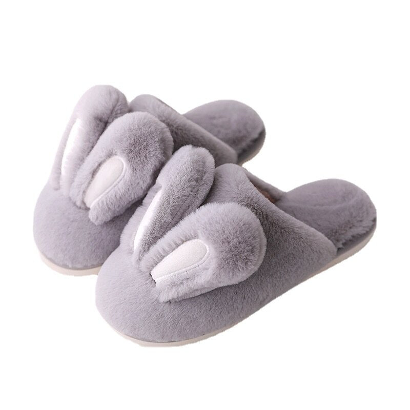 2022 NEW Design Women Winter Furry Slippers Rabbit Ears Couple House Shoes Warm Solid Color Versatile Slippers Chinelos Planos