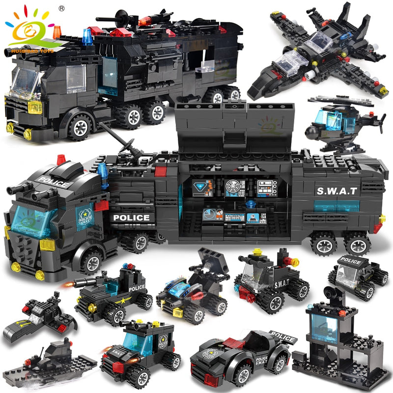 HUIQIBAO SWAT estación de policía modelo de camión bloques de construcción ciudad máquina helicóptero coche figuras ladrillos juguete educativo para niños