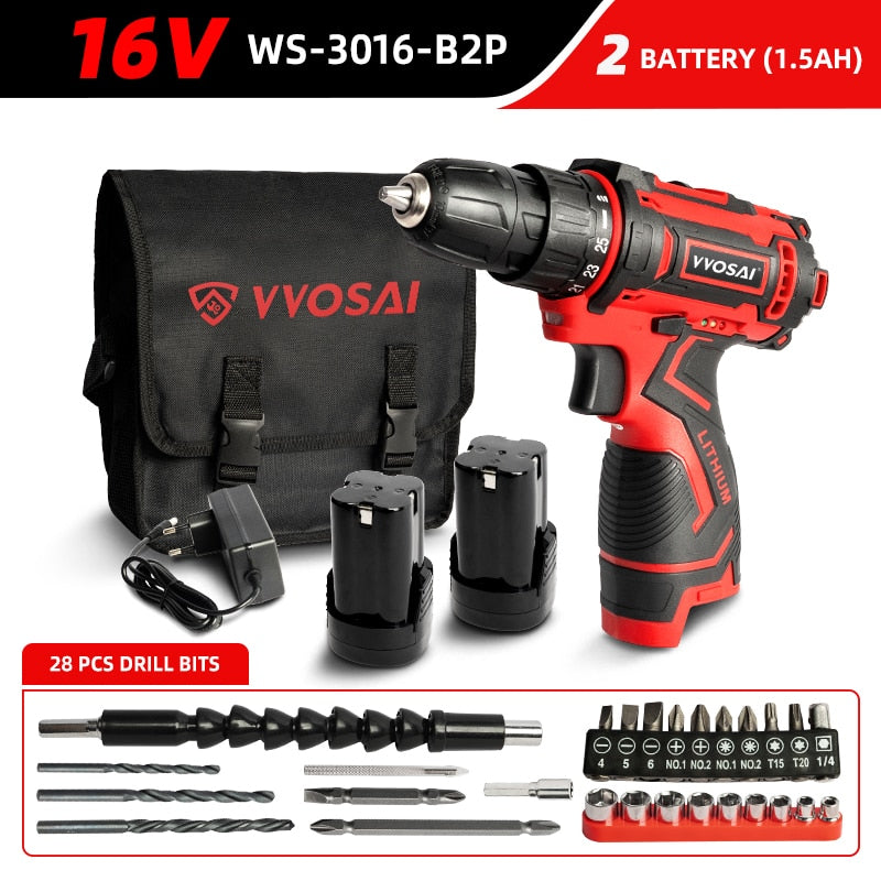 WOSAI 12V 16V 20V Cordless Drill Electric Screwdriver Mini Wireless Power Driver DC Lithium-Ion Battery 3/8-Inch