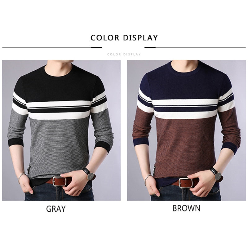 BROWON Brand 2022 Autumn Sweater Men O-neck Striped Knittwear Men Slim Sweaters Male Long Sleeve Social Business Clothes Men