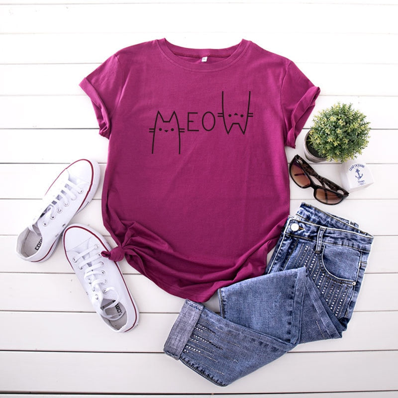 JCGO Summer Women T Shirts Cotton Funny Cat Print Short Sleeve Ladies Regular Tees Tops Casual Round Neck Female Graphic TShirts