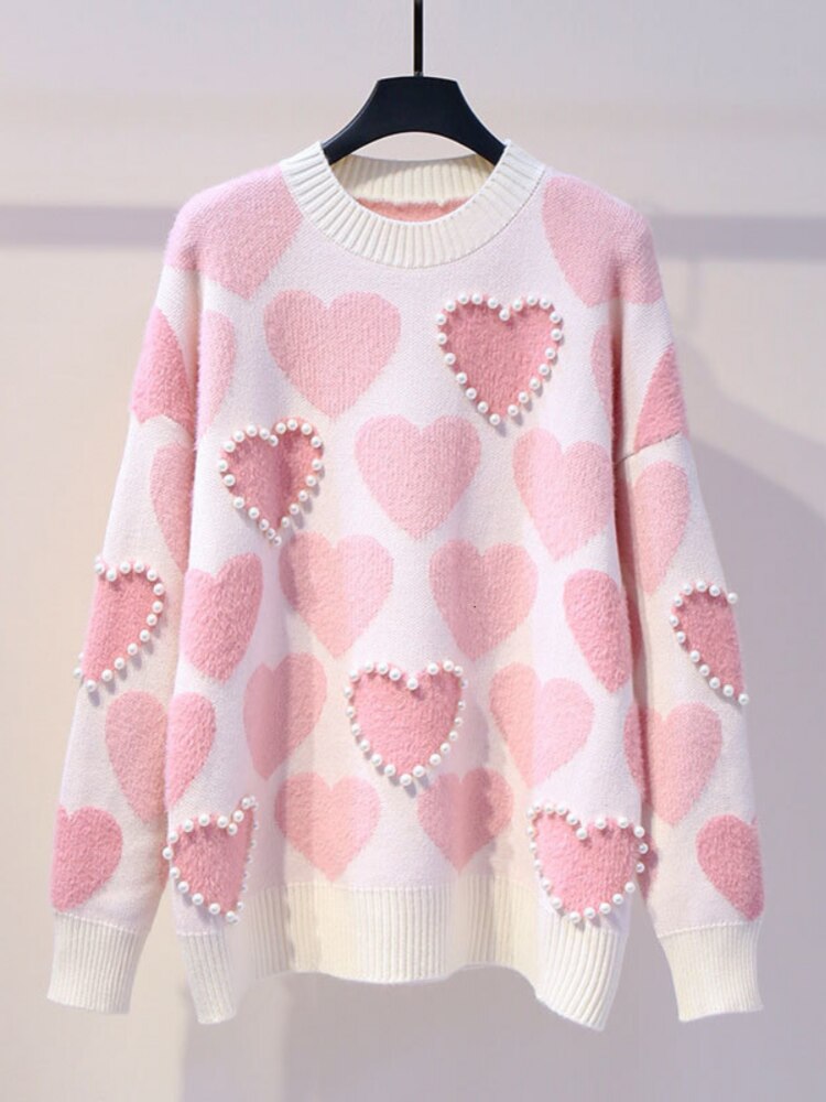 H.SA Damen-Strickpullover und -Pullover Oneck Pearls Beading Sweaters Sweet Heart Pull Jumpers Long Sleeve Kawaii Pull Femme