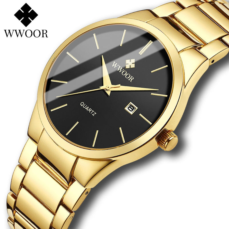 WWOOR Luxury Watch Men Business Sports Mens Quartz Wristwatches Gold Stainless Steel Waterproof Automatic Date Relogio Masculino