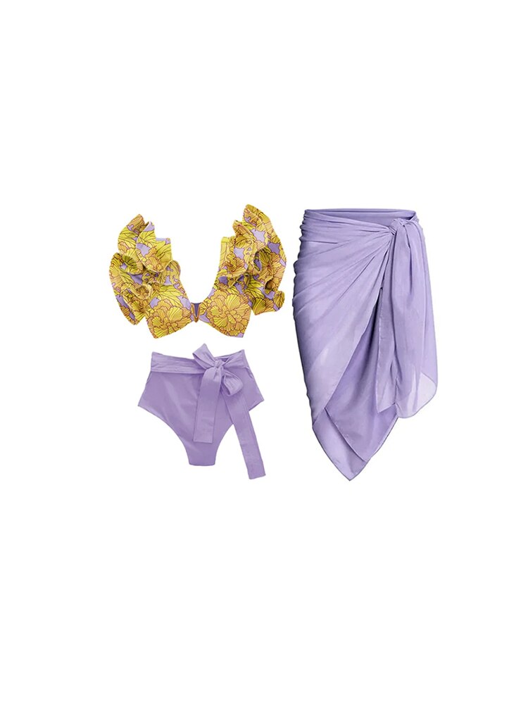Vintage Purple with Yellow Leaves Bikini Sets Swimsuit & Skirt Hollow Out One Piece Off Shoulder Swimwear Beach Bathing Suits