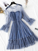 2022 New Female O-neck Stars Sequined Mesh Shiny Fairy Dress Women Elegant Bling Gauze Princess Puff Dresses Vestidos De Fiesta