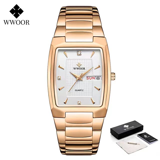 Relogio Masculino WWOOR 2022 Neue quadratische Uhr Herren mit automatischem Wochendatum Mann Quarz Armbanduhren Luxus Edelstahl Gold