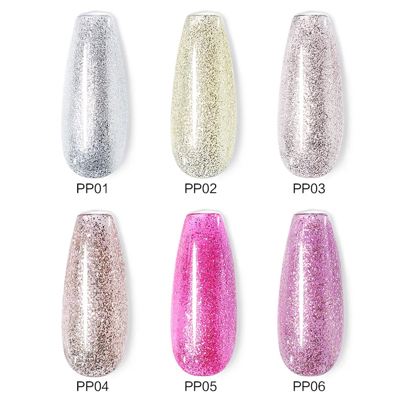 Beautilux Glitzer-Nagellack-Set, 6 Stück/Set, x 10 ml, Meerjungfrau, Platin, Regenbogen-Chamäleon, semi-permanente Nägel, Kunstlack, Lot