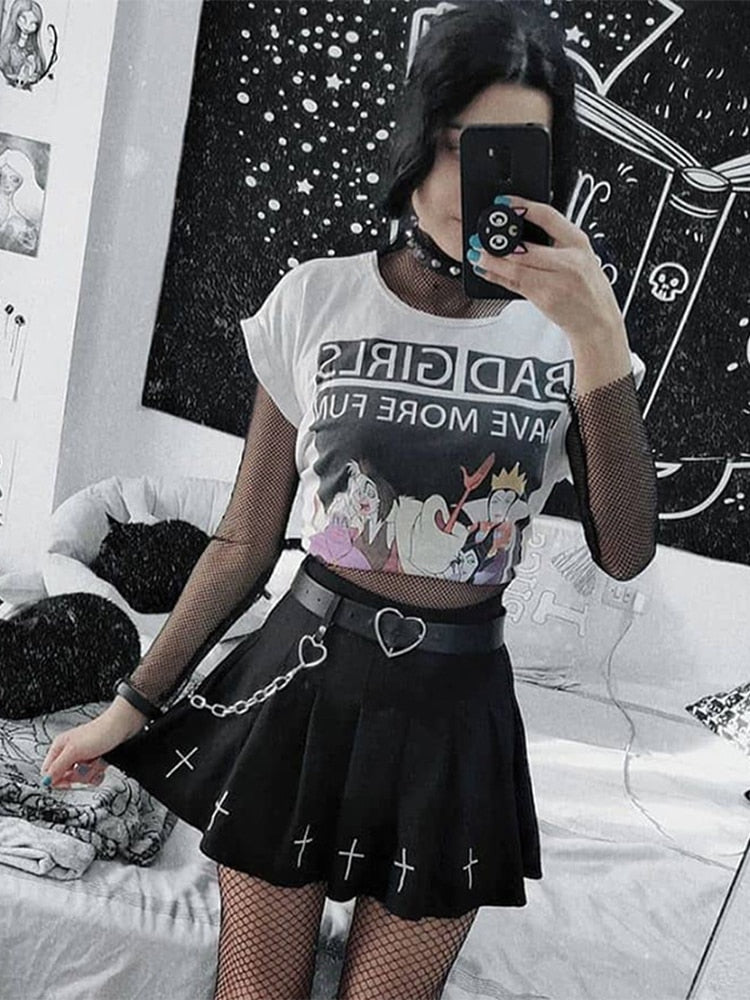 InsGoth Hohe Taille Schwarze Miniröcke Gothic Streetwear Cross Print Plissee Damenröcke Emo Fairy Grunge Lolita Harajuku Rock