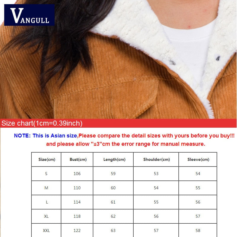 Vangull Winter Women Corduroy Fleece Coat Warm Thicken Cotton Velvet Ladies Jacket Fashion Faux Fur Lining Long Sleeve Outwears