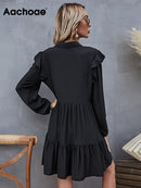 Aachoae verano otoño mujer vestido negro volantes manga larga elegante camisa vestido suelto Casual plisado Mini vestido vestido de verano bata