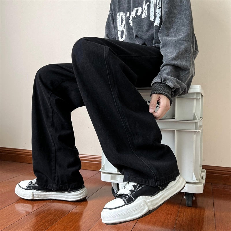 LAPPSTER Men Grey Streetwear Baggy Jeans 2022 Mens Kpop Solid Denim Pants Couple High Waisted Vintage Oversized Joggers Pants