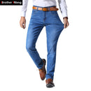 Brother Wang, pantalones vaqueros de marca de estilo clásico para hombre, pantalones vaqueros ajustados elásticos informales de negocios, pantalones negros azul claro para hombre