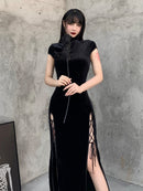 InsGoth Retro Cheongsam Schwarzes Kleid Gothic High Waist Bandage Patchwork Midikleid Frauen Elegantes, figurbetontes, kurzärmliges Partykleid