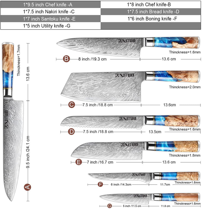 XITUO Küchenmesser-Set Damaskus-Stahl Kochmesser Cleaver Schälwerkzeug Allzweck-Brotmesser Kochwerkzeug Blauer Harzgriff 1-6 Teile/Set