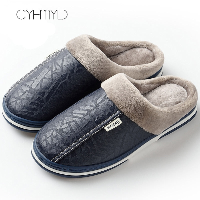 Herrenschuhe 2021 Home Slippers Herren Leder Memory Foam Indoor Hausschuhe für Herren Rutschfeste Warme Winterhaus Erwachsene Pantoffel Plüsch