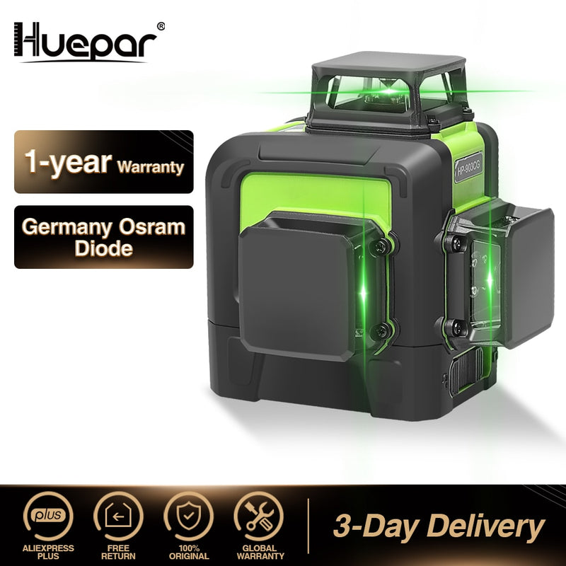 Huepar 12 Lines 3D Cross Line Laser Level Green Laser Beam Line Self-Leveling 360 Vertical & Horizontal Cross Super Powerful