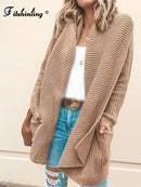 Fitshinling Mode Winter Strickjacke Damen Jacke Oberbekleidung Bohemian Taschen Strickpullover Lange Strickjacken Damen Kleidung Khaki