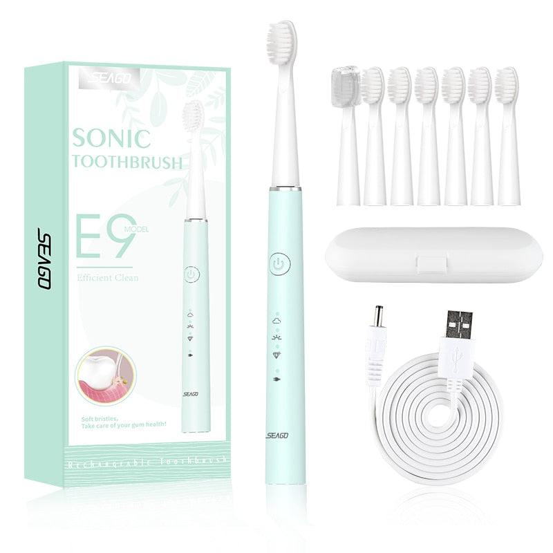 SEAGO Electric Toothbrush Sonic Rechargeable Travel Waterproof  Electronic Tooth 8 Brushes Soft Replacement Heads For Adult Gift