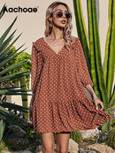 Aachoae Damen Casual Loose Polka Dot Kleid V-Ausschnitt Plissee Chiffon Kleid Laterne Halbarm Mini Strandkleid Sommer Robe Femme