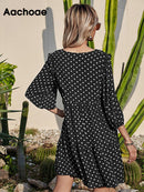 Aachoae Damen Casual Loose Polka Dot Kleid V-Ausschnitt Plissee Chiffon Kleid Laterne Halbarm Mini Strandkleid Sommer Robe Femme