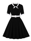 Tonval Green Contrast Bow Neck and Cuff Vintage Belted Dress Half Sleeve Herbst Damen Fit and Flare Retro Swing Kleider