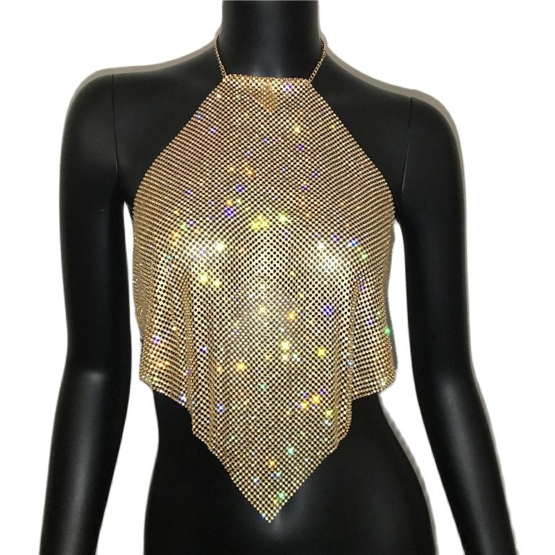 AKYZO Frauen Luxus Handgemachte Strass Camis Backless Metallkette Nachtclub Tops Sommer Party Club Gold Diamant Tanktops