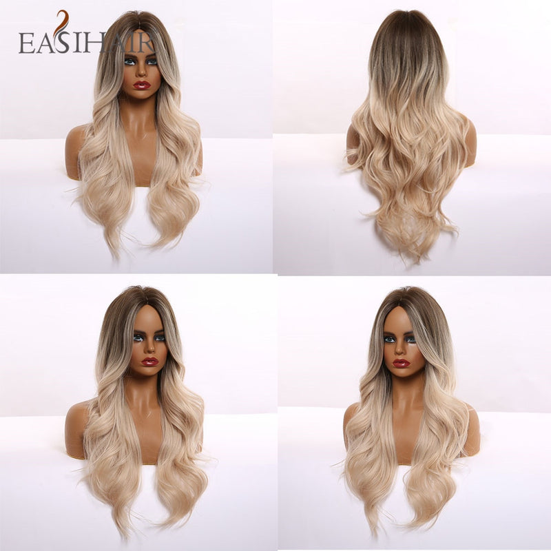 EASIHAIR Lange hellblonde Perücken im Ombré-Stil mit natürlichen Wellen, hitzebeständig, synthetische Perücken, Mittelteil, Cosplay-Perücken für Frauen