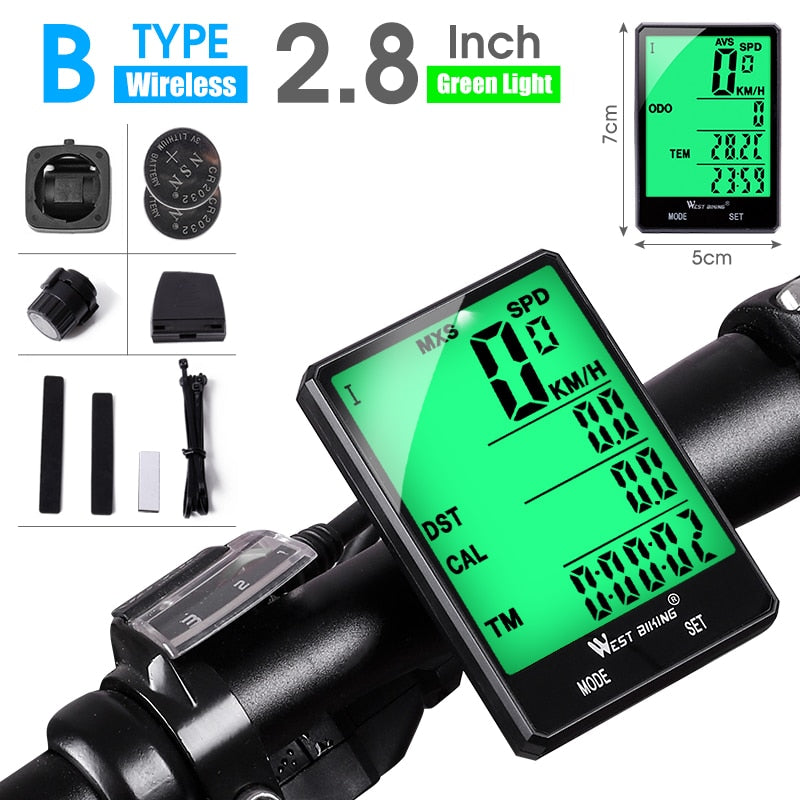 WEST BIKING Cycling Speedometer Digital Large Screen Waterproof LCD Backlight Wireless and Wired Bike Odometer Bicycle Computer