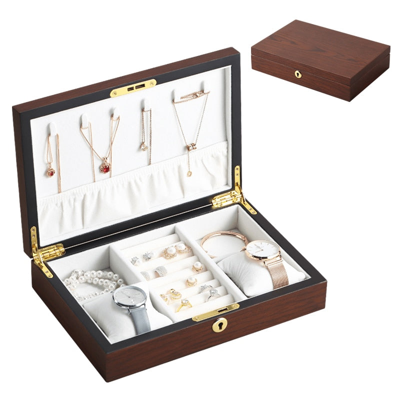 Caja organizadora de joyas con tapa de madera Caja de almacenamiento de joyas Caja de exhibición de regalo Reloj Pendientes Soporte de anillo Cajas organizadoras de almacenamiento de joyas