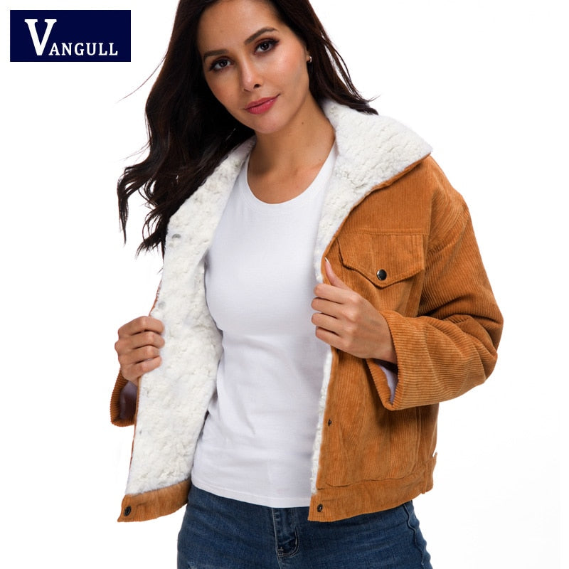 Vangull Winter Women Corduroy Fleece Coat Warm Thicken Cotton Velvet Ladies Jacket Fashion Faux Fur Lining Long Sleeve Outwears