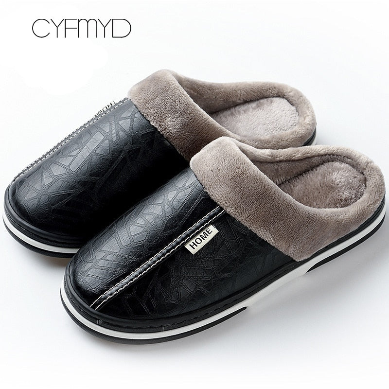 Herrenschuhe 2021 Home Slippers Herren Leder Memory Foam Indoor Hausschuhe für Herren Rutschfeste Warme Winterhaus Erwachsene Pantoffel Plüsch