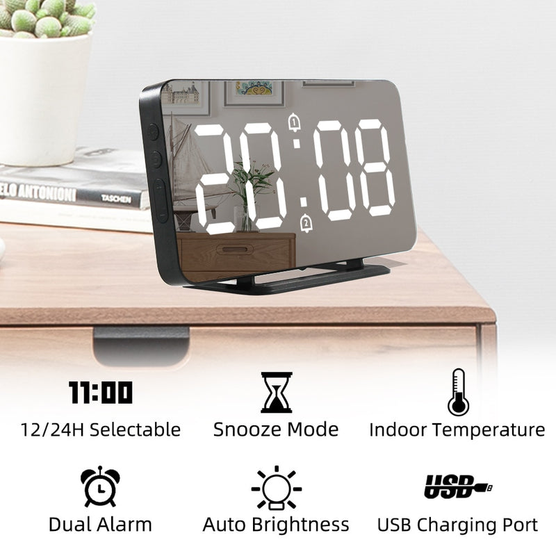 Reloj despertador Digital con espejo, LED, temperatura electrónica, mesa de pared, relojes de repetición, reloj multifunción USB, luz nocturna para el hogar y la Oficina