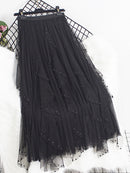 Qooth Women Beaded Petal Mid-length Ruffles Mesh Pleated Skirts Elegant High-waisted Fairy A-line Long Tulle Skirts QT1682
