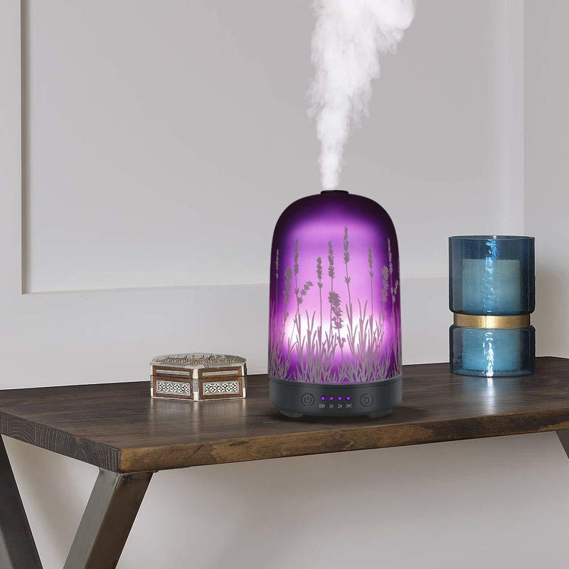 Lavender Ultrasonic Aroma Diffuser Glass Air Humidifier Essential Oil Aromatherapy Machines Fragrance Cool Mist 100ml 7Color LED