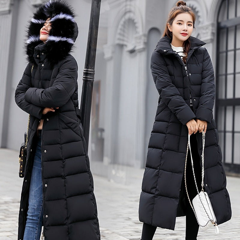2022 neue Winterjacke Frauen warme Mode Bogen Gürtel Fuchspelzkragen Mantel langes Kleid Frauen dicker Mantel