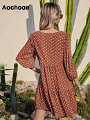 Aachoae Damen Casual Loose Polka Dot Kleid V-Ausschnitt Plissee Chiffon Kleid Laterne Halbarm Mini Strandkleid Sommer Robe Femme