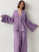 100% Baumwolle Damen Nachthemd Robe Pyjama Sets Flare Nachthemd Hosenanzüge Tropfenärmel Set Frau 2 Stück Bademantel für Frauen