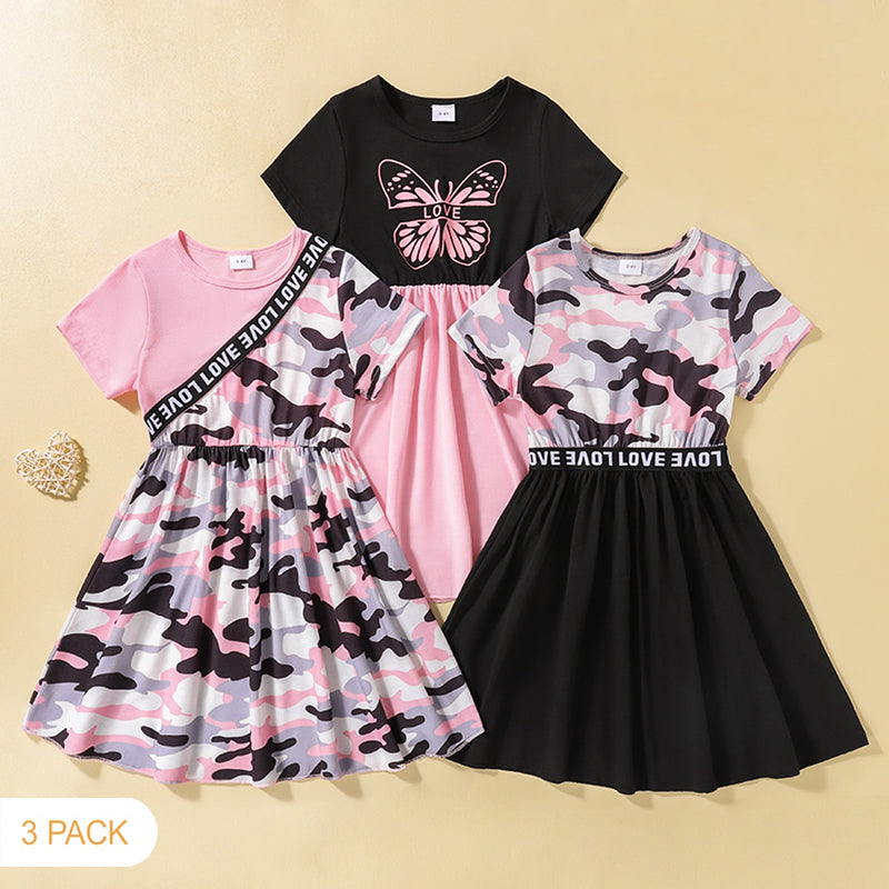 PatPat primavera y otoño 3-pack vestidos niño niña puntos y sólido vestido de manga corta y manga larga conjunto lindo ropa para niños